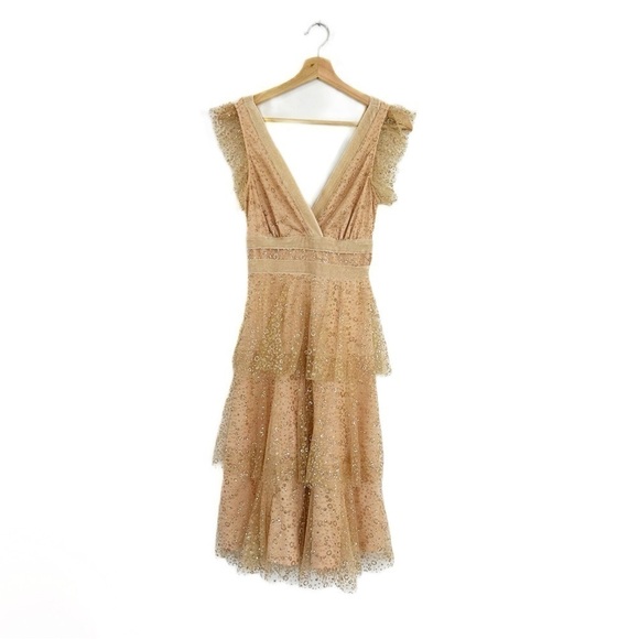 Lulus Dress Womens XS Champagne Beige Sequin Ruffled Midi Party - Picture 2 of 8